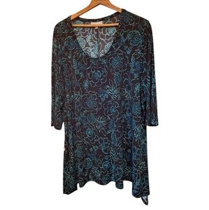 Woman Within 3X Tunic Top Green Floral Print V Neck 3/4 Sleeve Whimisgoth Casual